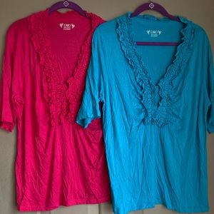 2 Cato Ruffled V-Neck Pink & Blue Blouses sz 18/20W